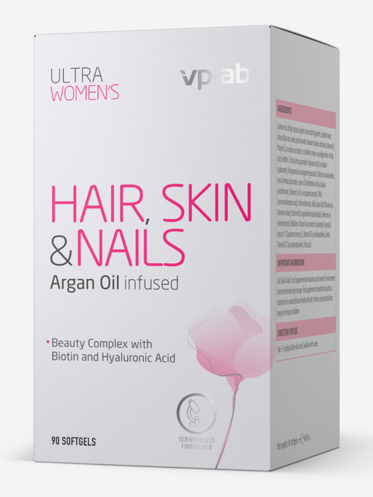 Комплекс для улучшения состояния волос, ногтей и кожи VPLAB Ultra Women’s Hair, Skin & Nails, витамины, биотин, гиалуроновая кислота, аргановое масло, 90 капсул