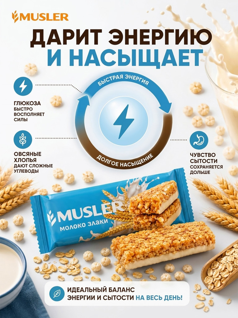 Батончики мюсли детские MUSLER Молоко и злаки, 25 шт