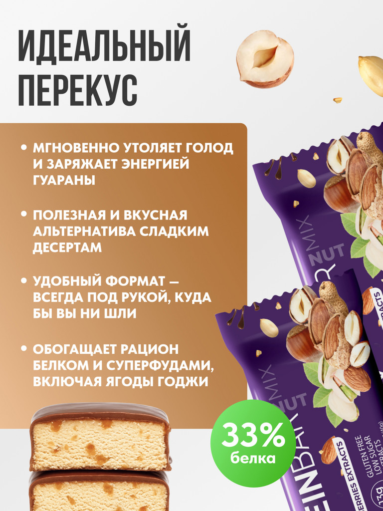 Протеиновые батончики с экстрактами без сахара 16шт Ореховый микс