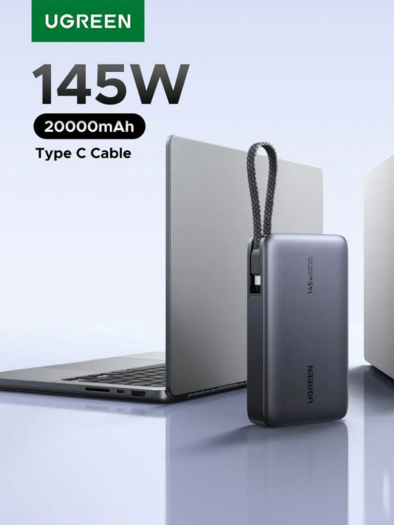 Внешний аккумулятор UGREEN PB551 (55992B) 145W Power Bank 20000mAh USB-C&USB-A со встроенным кабелем USB-C
