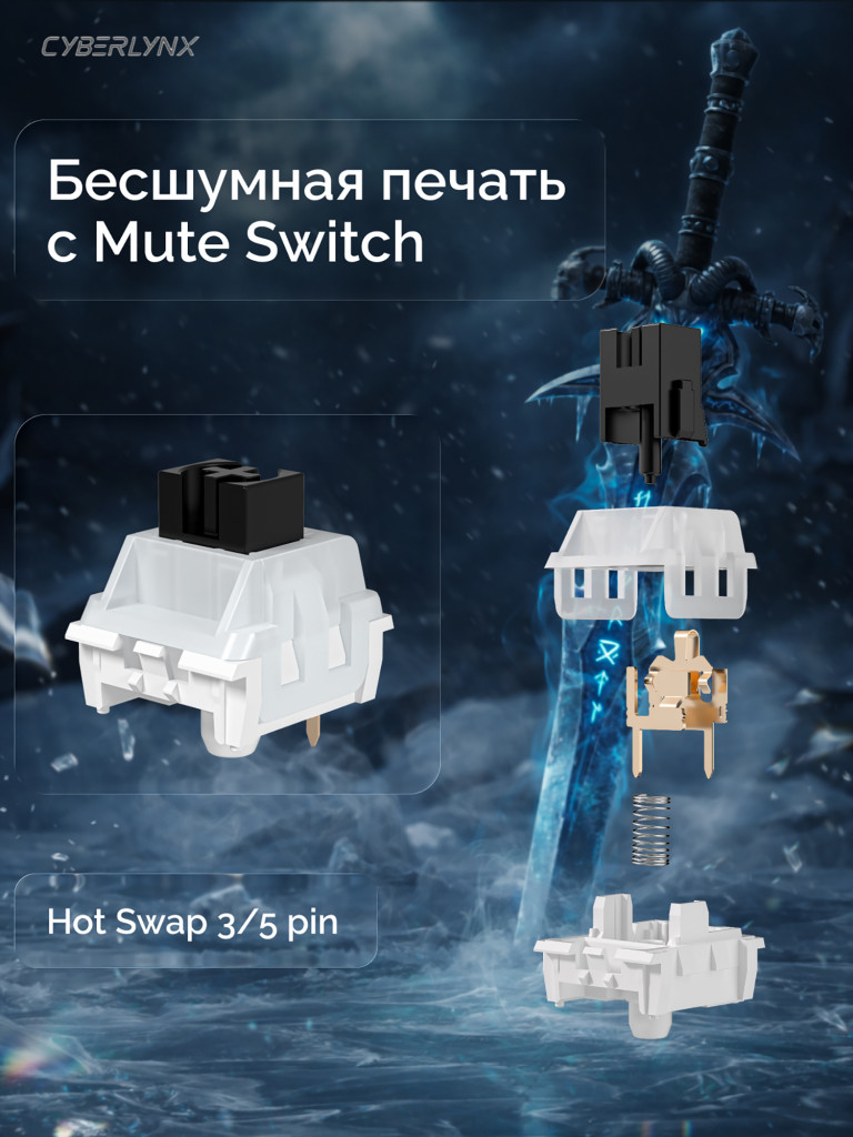 Игровая беспроводная клавиатура CYBERLYNX RX75 Pro Белый Темно-синий Голубой Mute switch