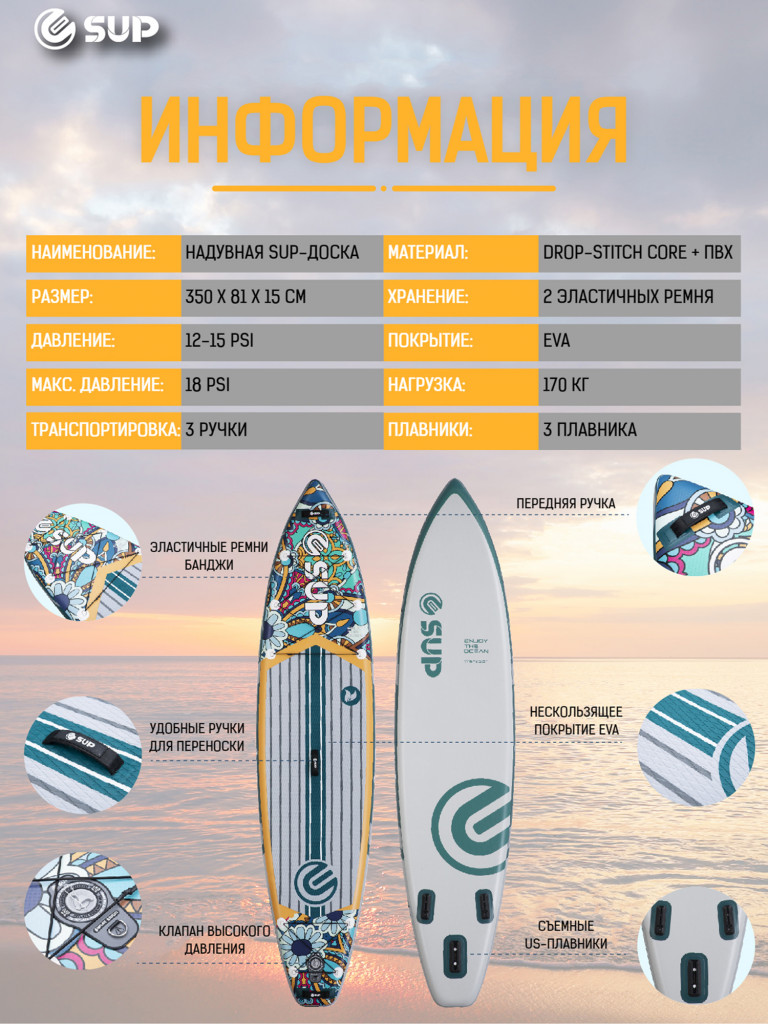 Надувная SUP-доска E-SUP MOJITO 2, 11'6" 350*81*15 см сапборд