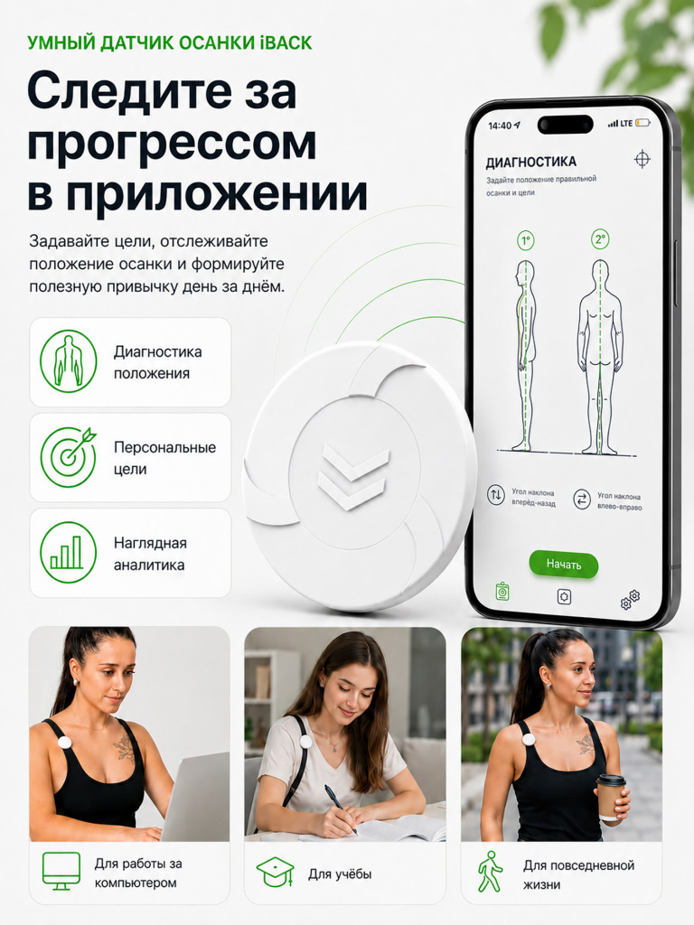 Умный датчик осанки iBACK электронный корректор с вибрацией и приложением