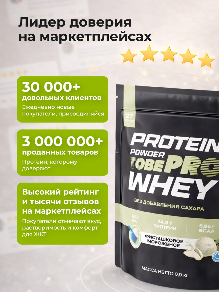 Протеин сывороточный без сахара TobePRO Whey Protein с ВСАА Фисташковое мороженое, 900 г/30 порций