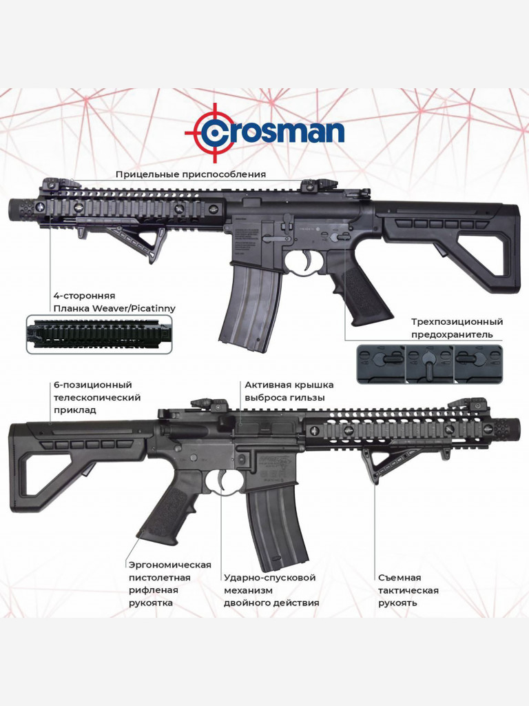 Винтовка пневм. Crosman DPMS SBR, кал. 4,5 мм, (М16 метал, автомат. огонь)