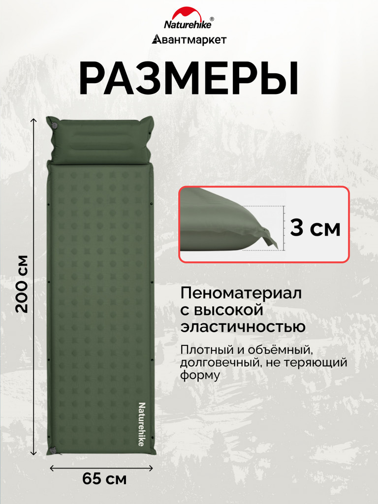 Коврик Naturehike CNK2550WS025 D Series 3см с подушкой R3.1 самонадувной туристический зеленый