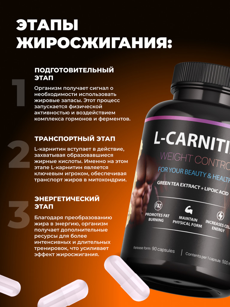 Капсулы L карнитин, спортивный жиросжигатель для похудения, 612мг в порции