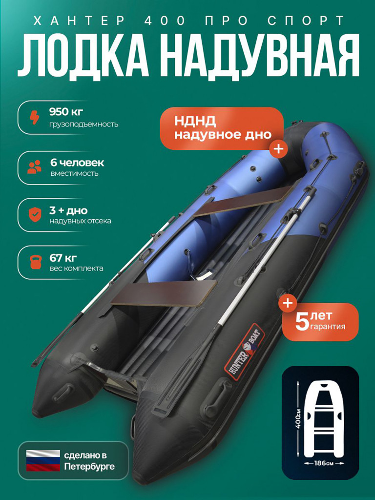 Лодка пвх под мотор Хантер 400 ПРО Cпорт, синий/карб
