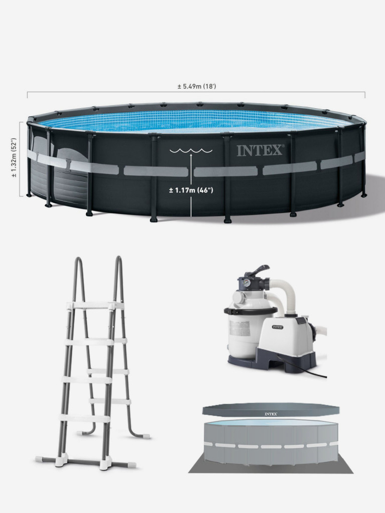 Бассейн каркасный Intex, 549х132 см, фильтр-насос песчаный 7.9м³, лестница, подстилка, тент