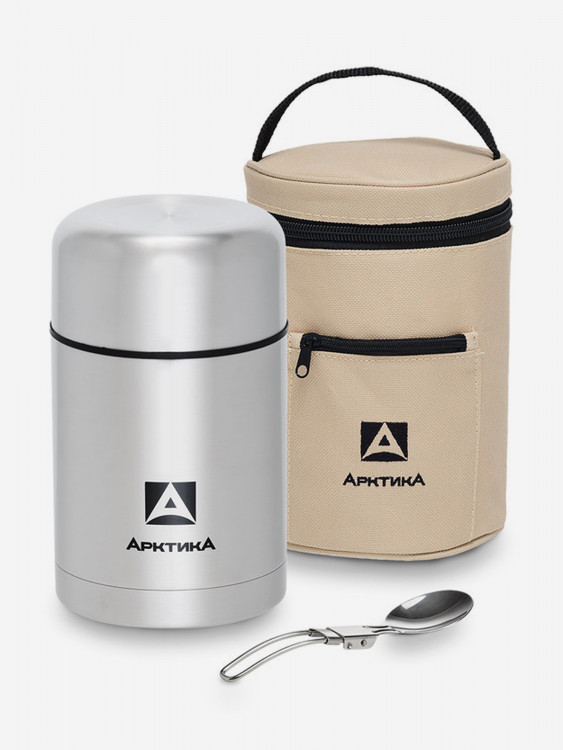Термос Арктика с супер-широким горлом для супа и еды, объем 0,75л, с крышкой-тарелкой, чехлом , складной ложкой