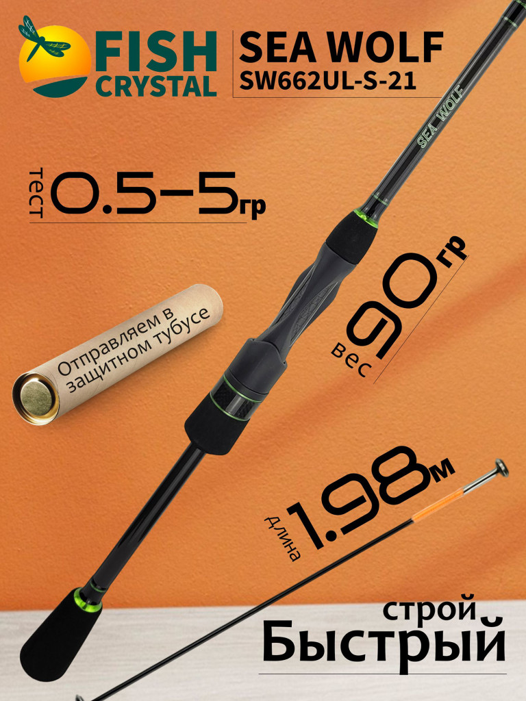 Спиннинг для рыбалки Fish Crystal SEA WOLF SW662UL-S-21 (цельная вершинка) 1.98м 0.5-5.0гр, 2 секц.