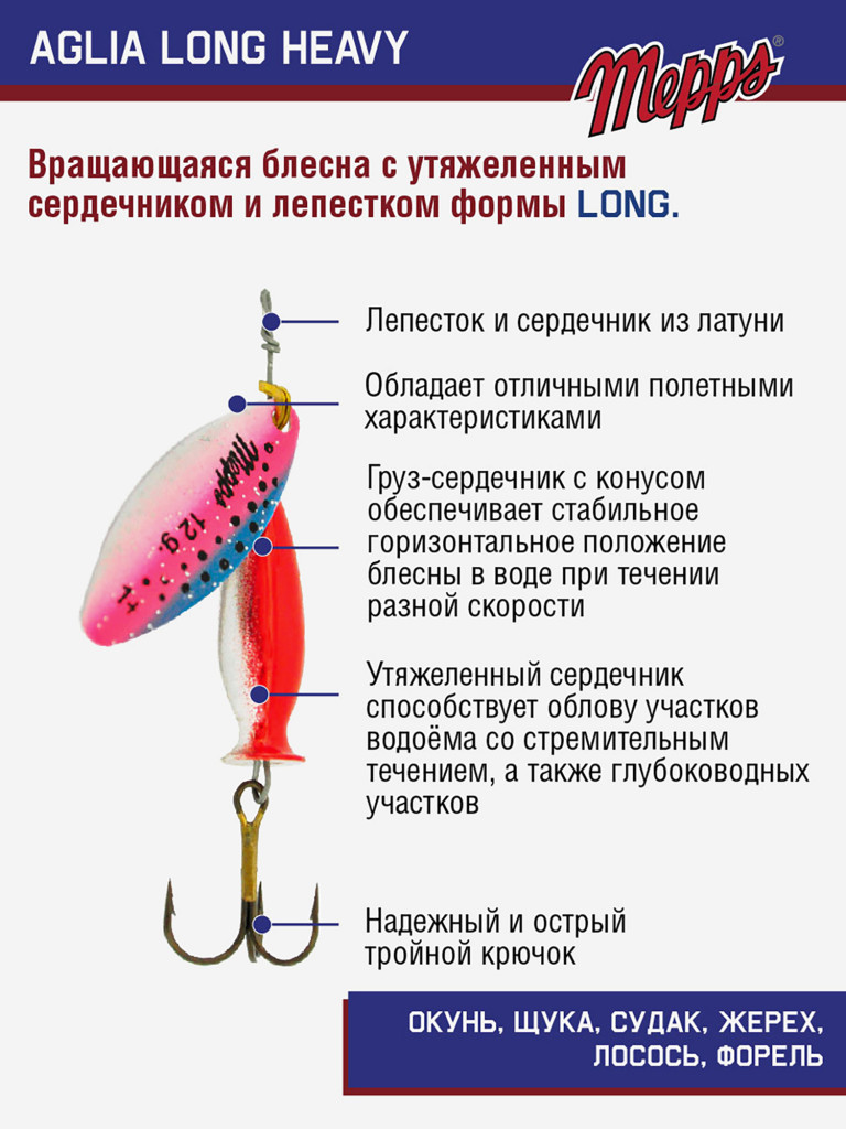 Блесна Mepps AGLIA LONG HEAVY 1+ AG RAINBO
