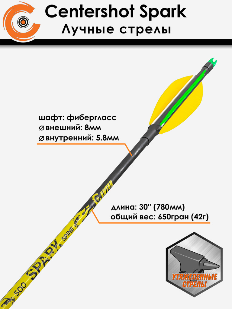 Стрела лучная фибергласс Centershot Spark 500 натуральное оперение 4" (6шт.)