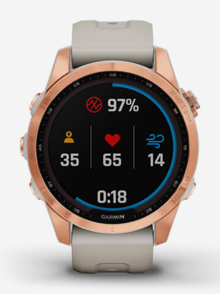 Часы Garmin Fenix 7S Solar с технологией солнечной зарядки, розовое золото с песочным силиконовым ремешком 010-02539-11