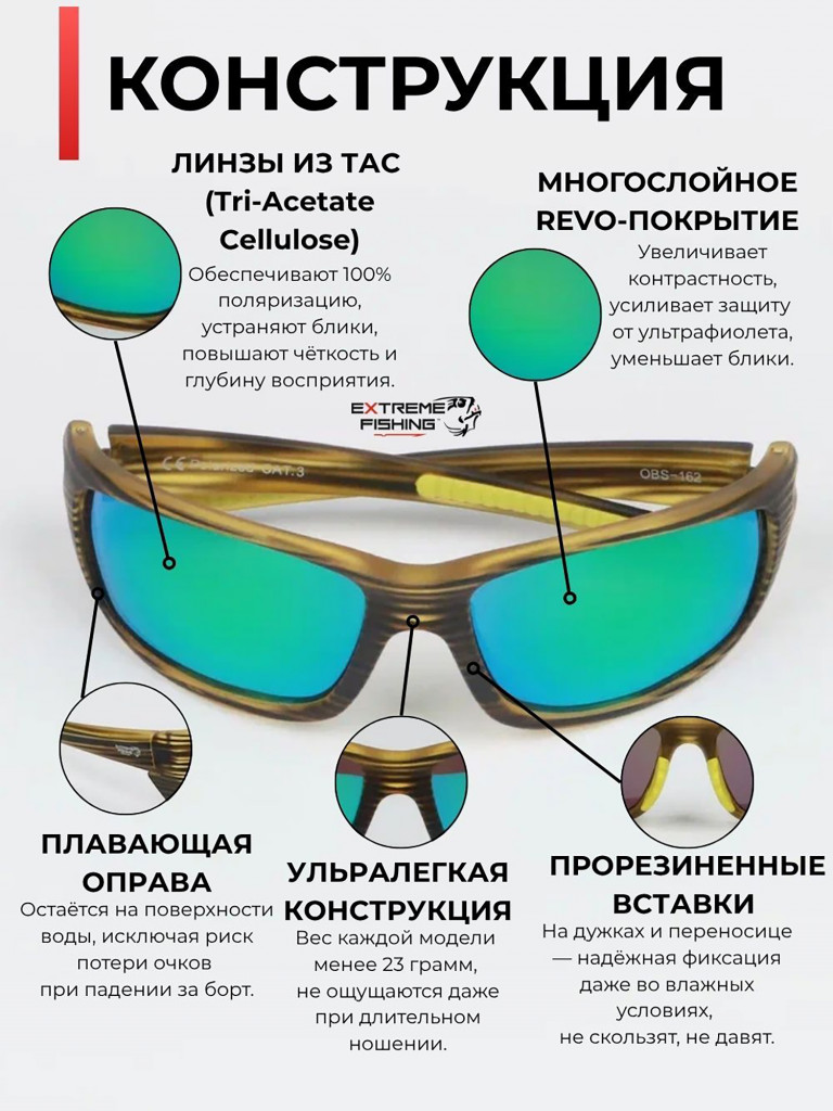 Очки солнцезащитные поляризационные Extreme Fishing Obsession OBS-162, линзы зеленый Revo, для рыбалки и вождения
