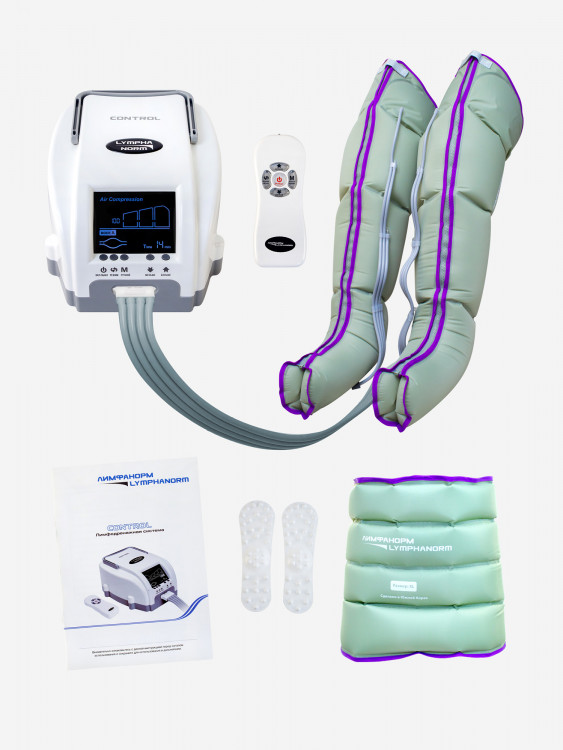 Лимфодренажный массажер LymphaNorm Control, комплект с манжетами для ног размера XL и манжетой пояс XXL