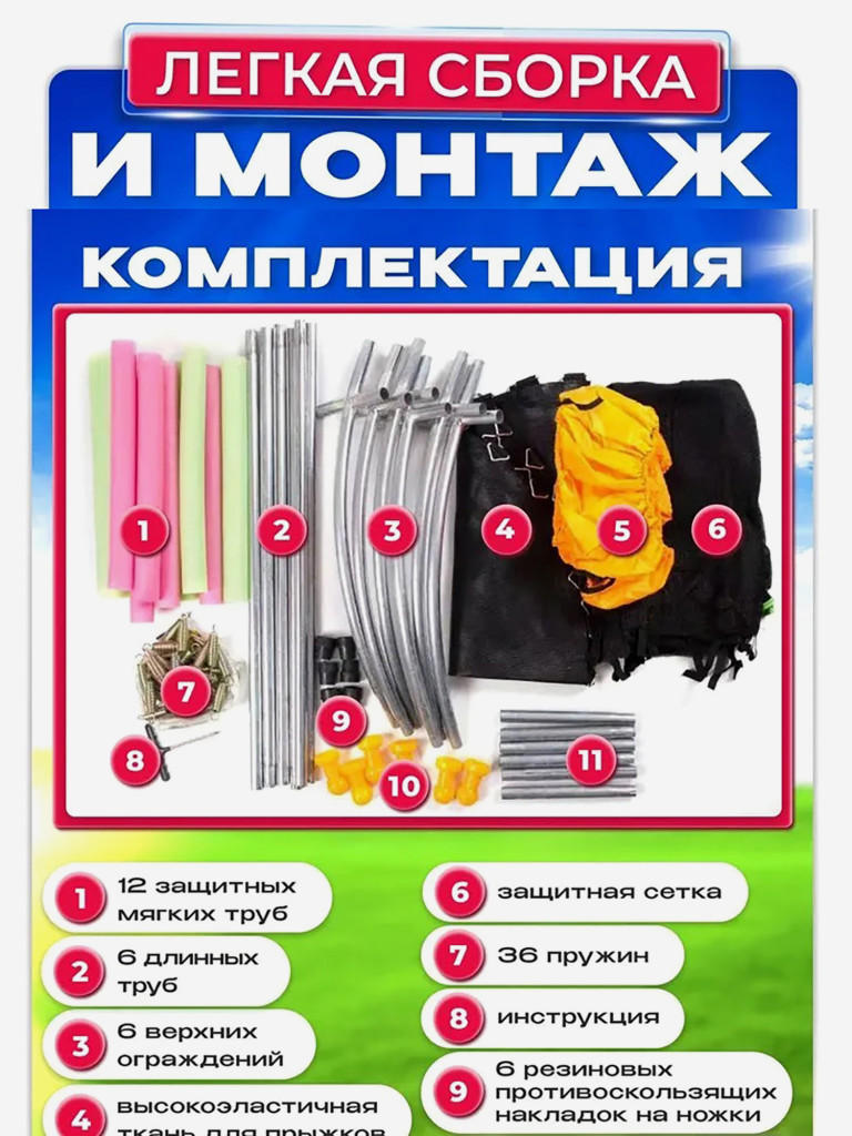 Батут детский каркасный Batutoff с защитной сеткой голубой с прямыми ножками