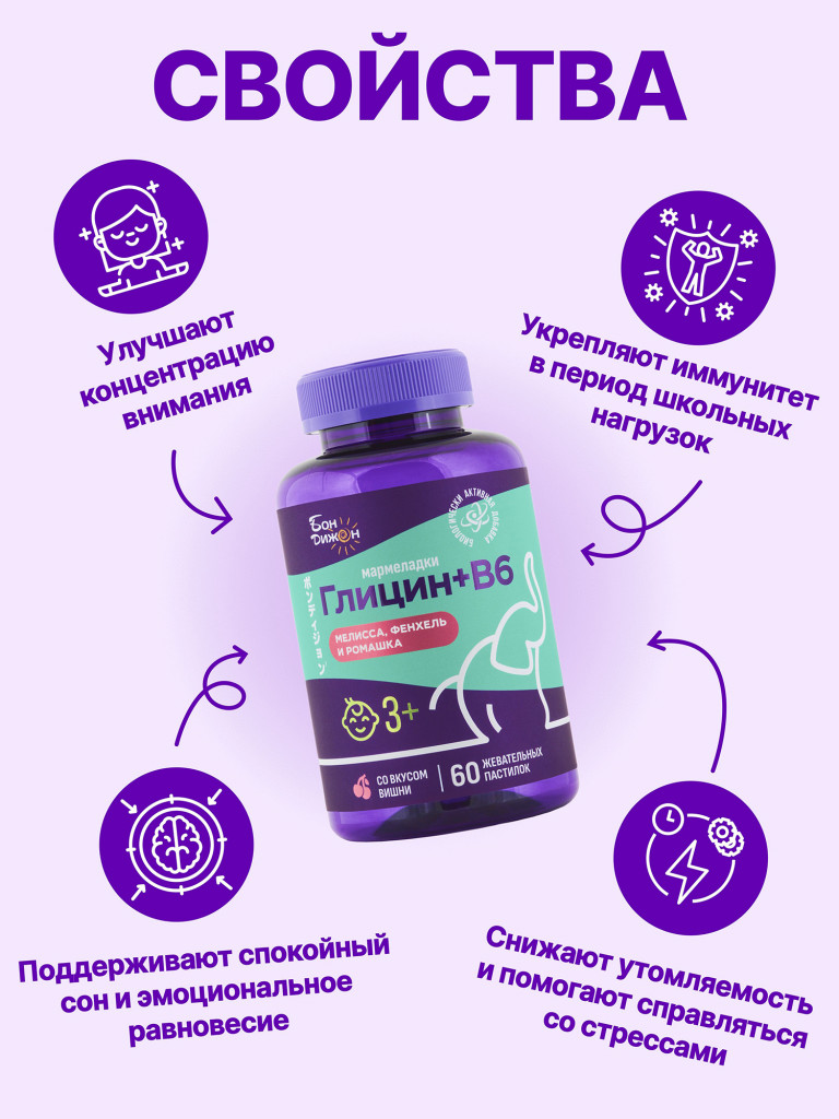 БАД Витамины жевательные для детей Глицин + витамин В6 вишневый вкус 60 пастилок
