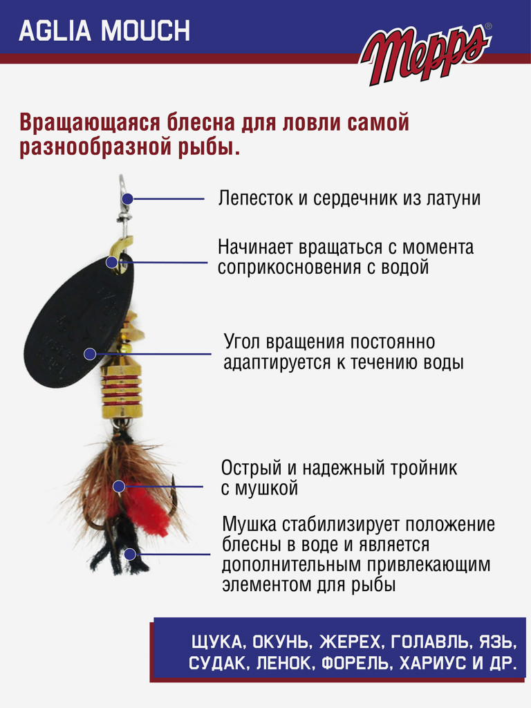 Блесна вращающаяся для рыбалки Mepps AGLIA MOUCH на щуку, окуня