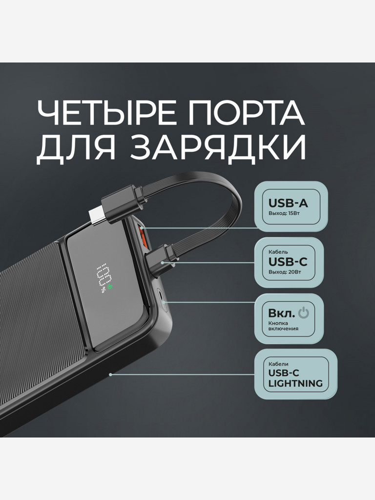 Внешний аккумулятор NRG Turbo V4c 10000 мА-ч (37Вт-ч), дисплей