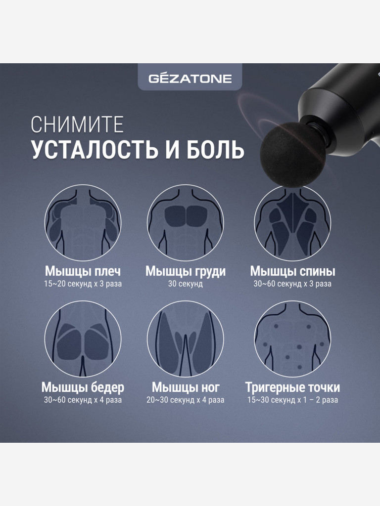 Перкуссионный массажер пистолет для тела Gezatone AMG140 7 насадок