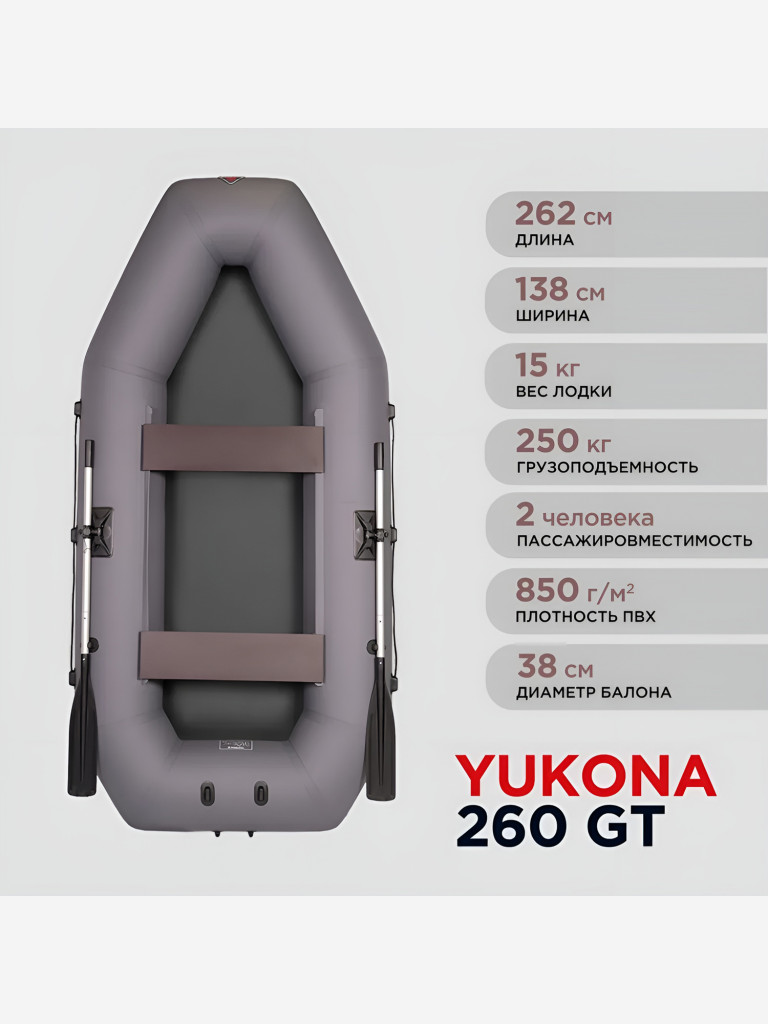 Лодка ПВХ надувная под мотор YUKONA 260 GT двухместная для рыбалки гребная серая