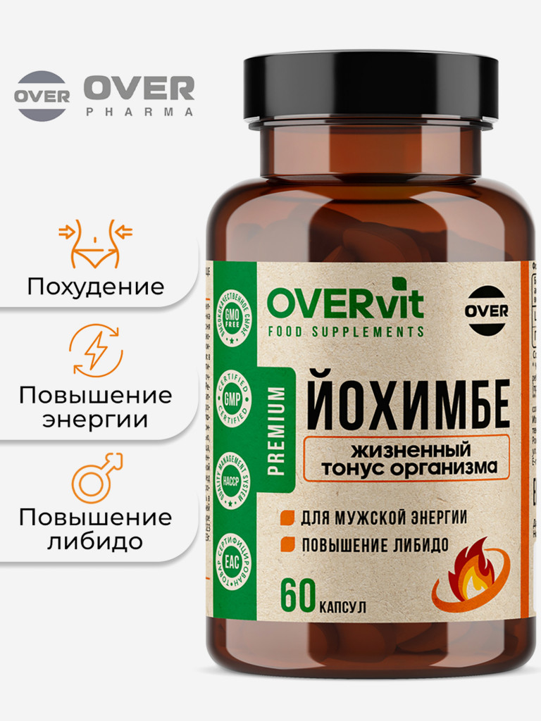 Йохимбе, женьшень, цинк OVER, 60 капсул