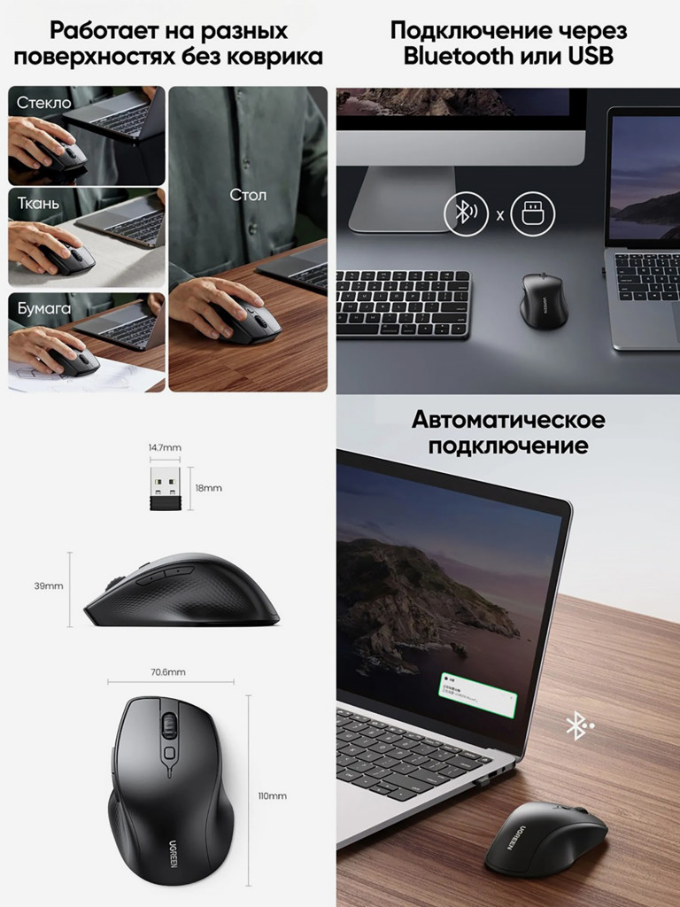 Мышка компьютерная беспроводная UGREEN MU101 (90395) Ergonomic Contoured-Shape Design Wireless Mouse