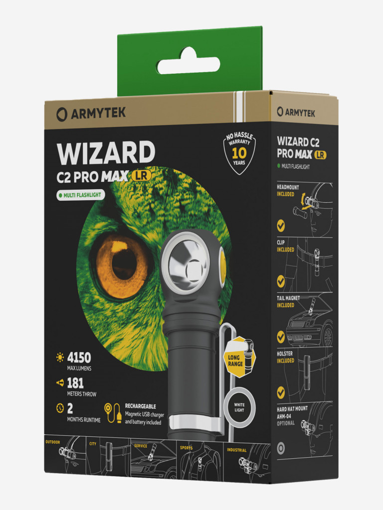 Фонарь налобный Armytek Wizard C2 Pro Max Magnet USB + 18650 LR, 4150 лм, холодный свет