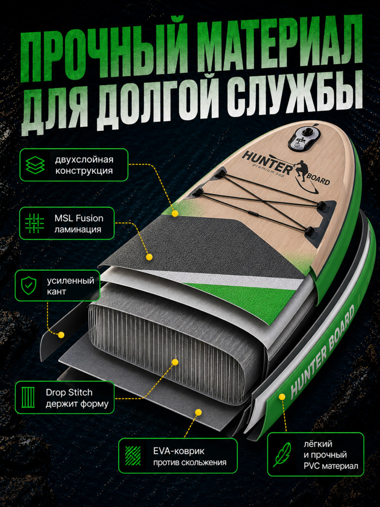 Sup-доска Hunterboard ACTIVE 11', 335х89х15 см, Green/Wood