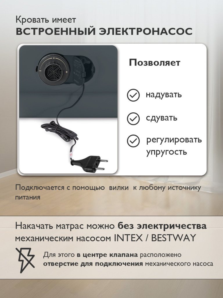Кровать Intex 64412 надувная с встроенным насосом 220В 99х191х46см