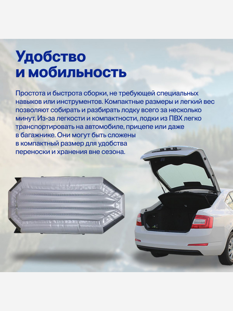 Лодка ПВХ надувная для рыбалки Лодки Поволжья S-240 НД двухместная гребная с надувным дном, серо-черная