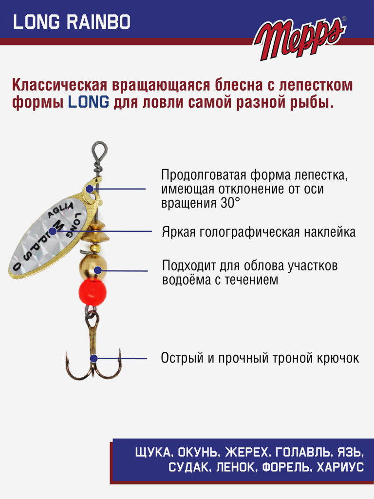 Блесна вращающаяся для рыбалки Mepps LONG RAINBO на щуку, окуня