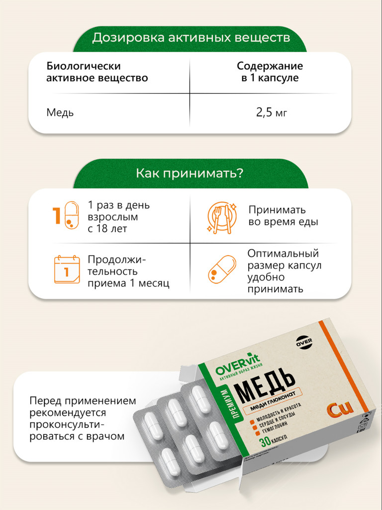 Меди глюконат, OVER,30 капсул