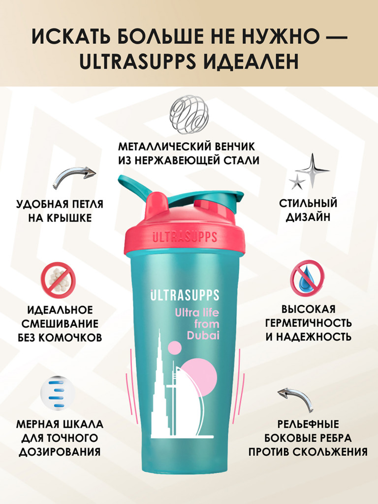 Шейкер UltraSupps 600 мл, бутылка для воды