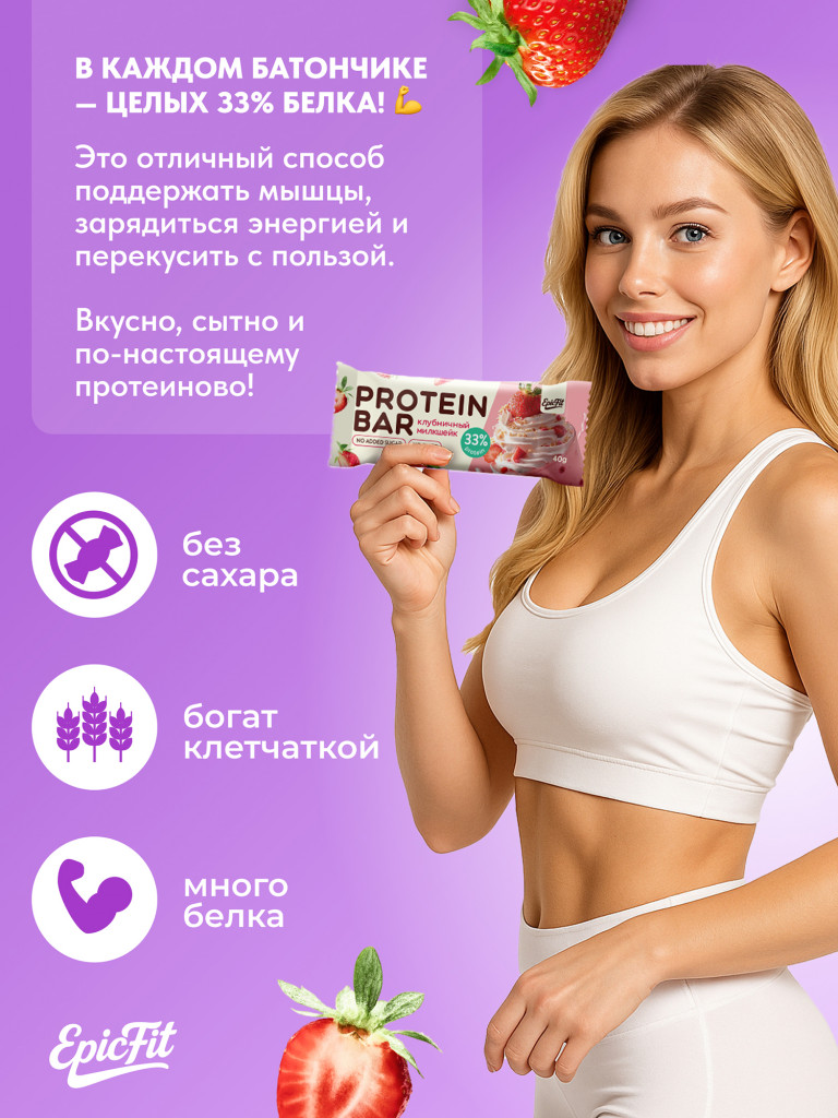 Протеиновые батончики без сахара, без глазури,Клубничный милкшейк, 16шт
