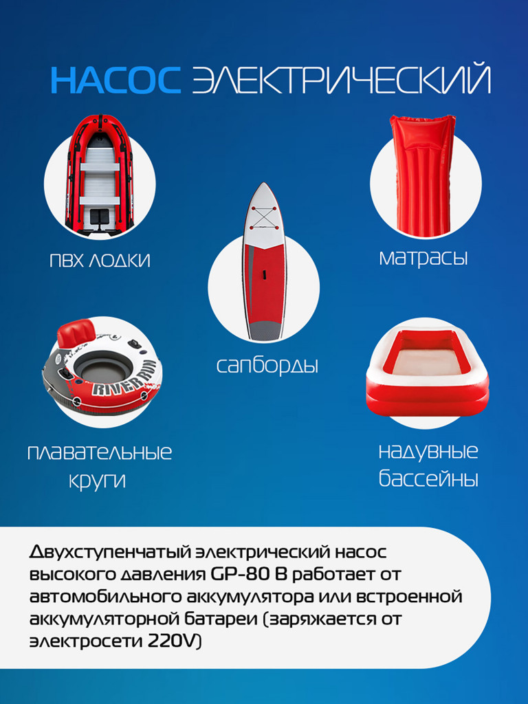 Электрический насос Marlin GP-80 B, насос для лодок пвх, сапбордов, бассейнов, матрасов