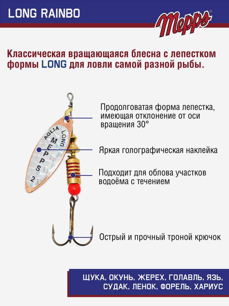 Блесна вращающаяся для рыбалки Mepps LONG RAINBO на щуку, окуня