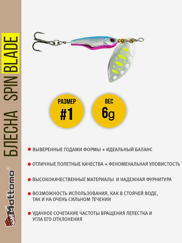 Блесна вращающаяся для рыбалки Mottomo Spin Blade #1 6g Silver 22 для спиннинга. Вертушка на голавля, жереха, щуку, окуня, форель