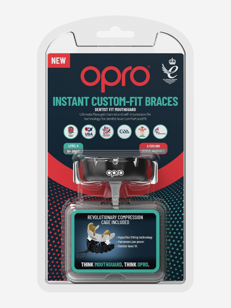 Боксерская капа для брекетов взрослая, спортивная, защитная для зубов OPRO Instant Custom-Fit Braces - Black/White