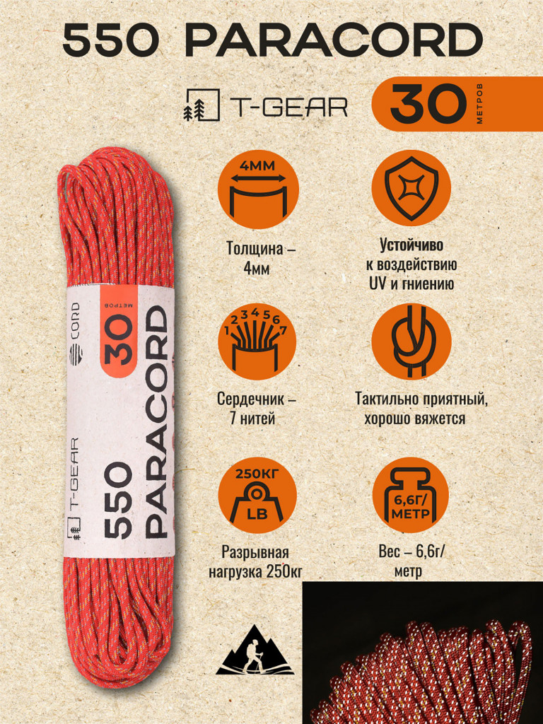 Паракорд 550 T-Gear x CORD nylon 30м световозвращающий (Red'n'Stripes)