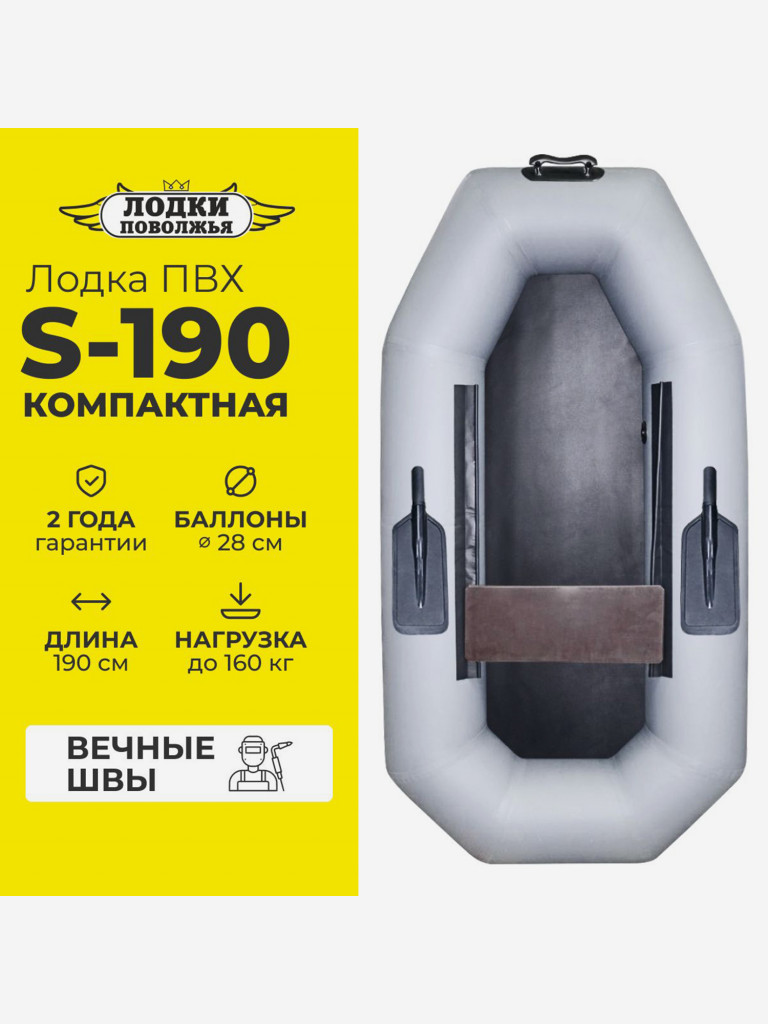 Лодка ПВХ надувная для рыбалки Лодки Поволжья S-190 ГР с гребками одноместная гребная, серая