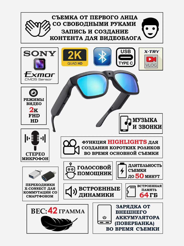 Цифровая камера-очки X-TRY XTG312 SMART HIGHLIGHTS BLUETOOTH