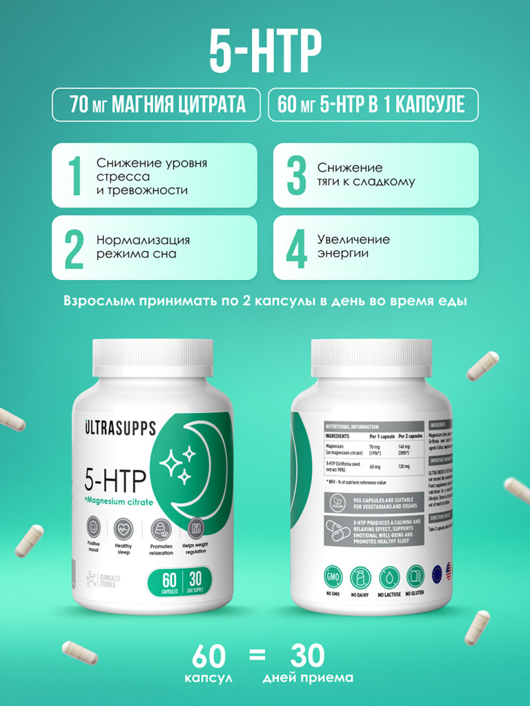Набор из Витамины группы В, Магний цитрат и 5 НТР UltraSupps Anti-stress support комплекс БАДы халяль