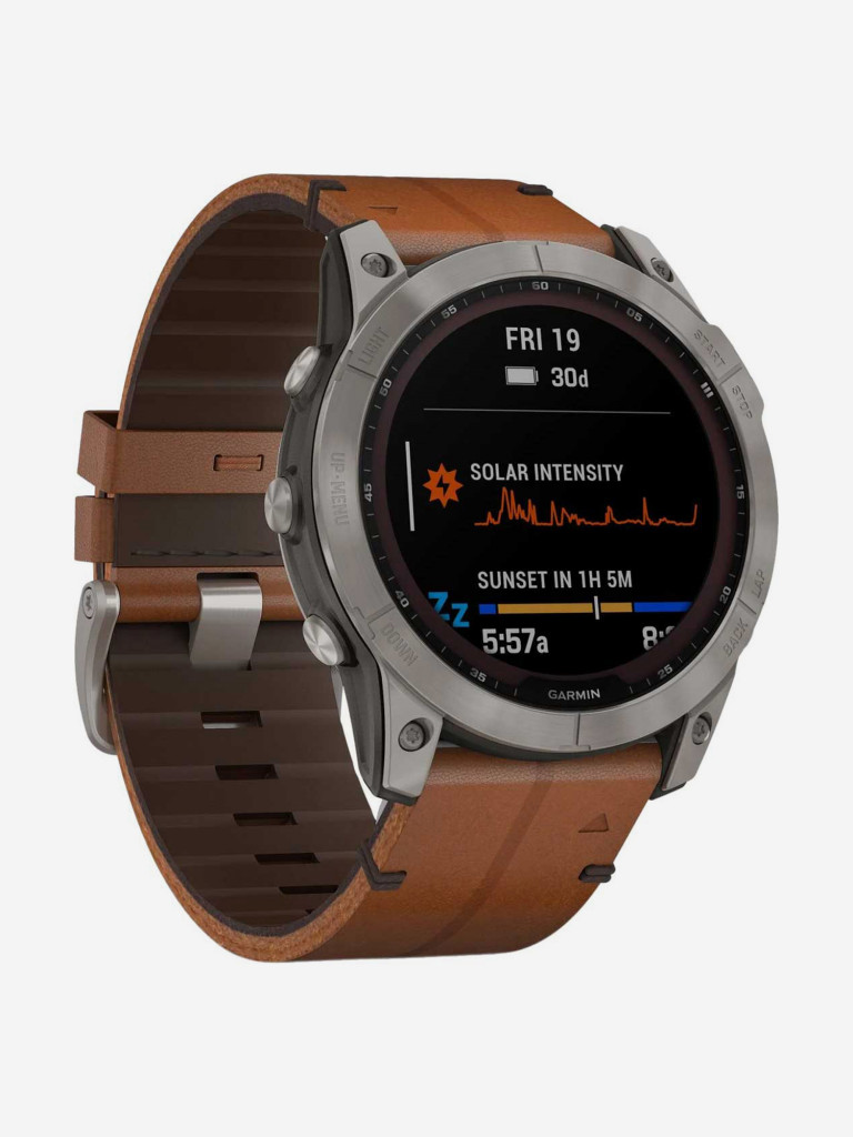 Спортивные титановые наручные часы Garmin Fenix 7X Sapphire Solar с коричневым кожаным ремешком