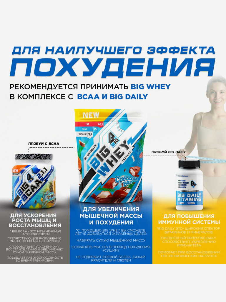 Протеин BIGSNT BIG WHEY сывороточный для набора мышечной массы, похудения и сушки, 448 г, 14 порций, Баунти