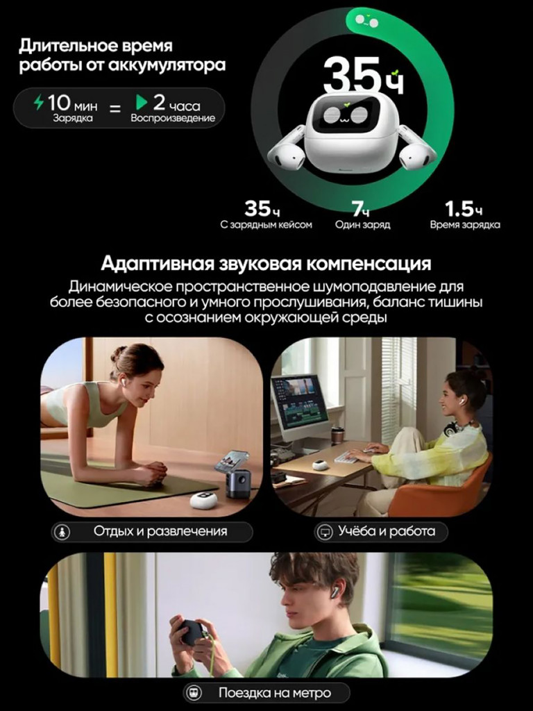 Наушники беспроводные UGREEN WS216 (65386) LightBuds Magic Hibrid ANC Earbuds