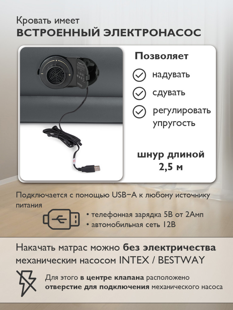 Кровать надувная Intex 64414 ND с встроенным насосом 220В 152х203х46см