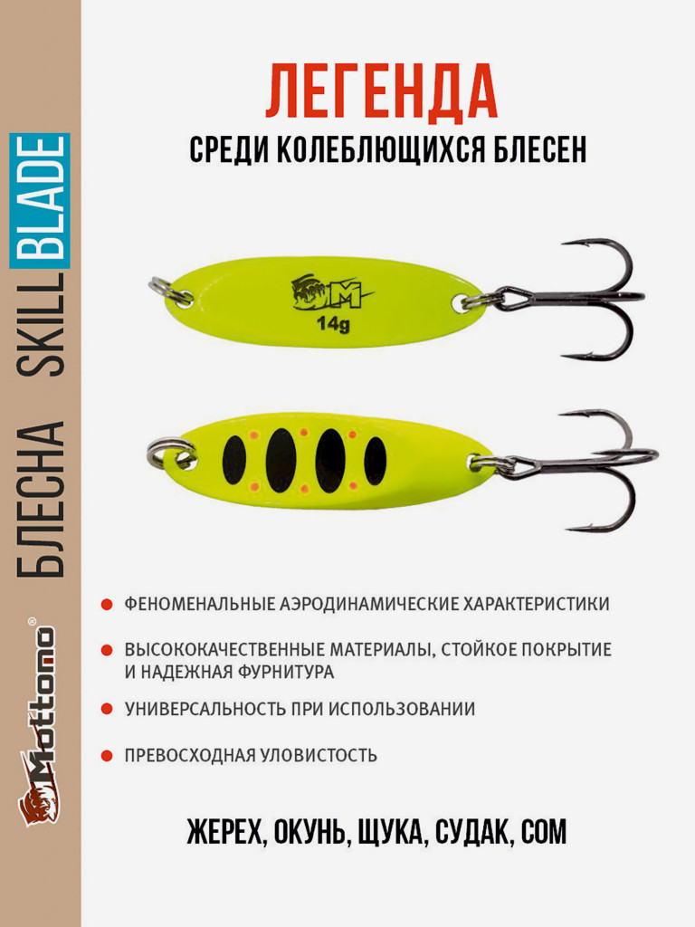 Блесна колеблющаяся для рыбалки Mottomo Skill Blade 14g Fluo. Колебалка на жереха, щуку, окуня, голавля, форель