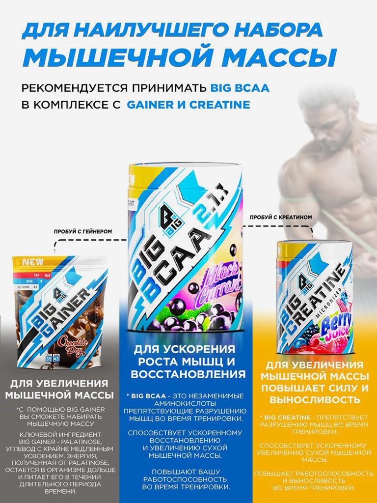 BCAA 2:1:1 BIGSNT/ комплекс аминокислот для роста мышц / порошок, 400 грамм (80 порций), вкус Черная Смородина